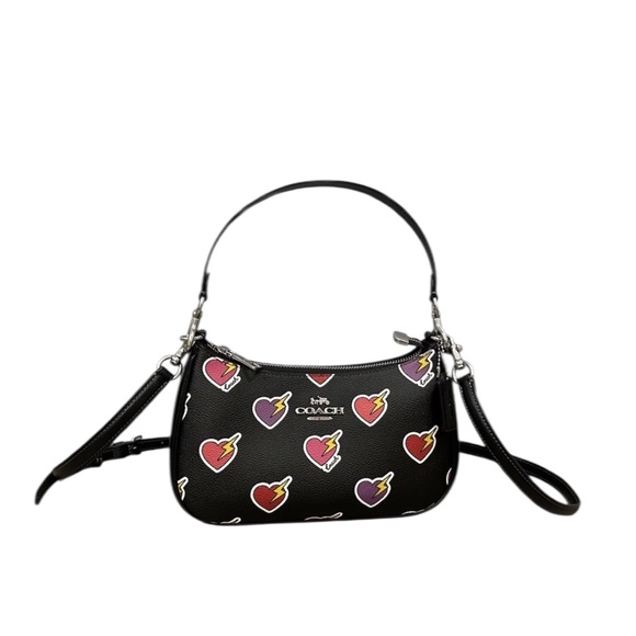 Coach Handbags - COACH Teri Shoulder Bag Signature Canvas & Leather Heart Print Silver/Black, NWT